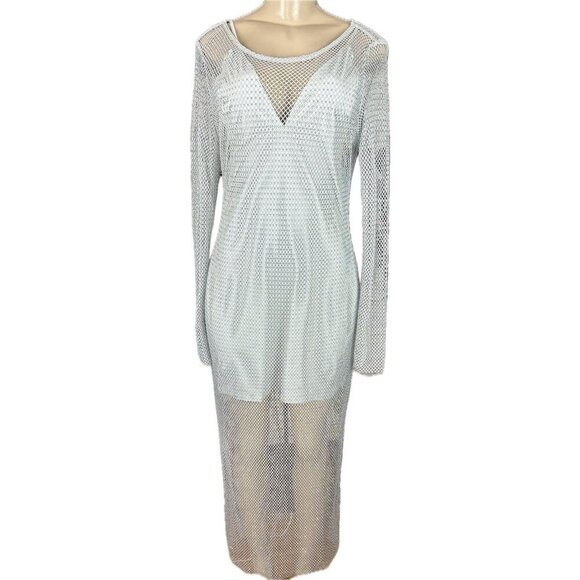 House of Harlow 1960 L Gray Sheer Mesh Crystal Detail Long Sleeve Maxi Dress - Picture 2 of 7